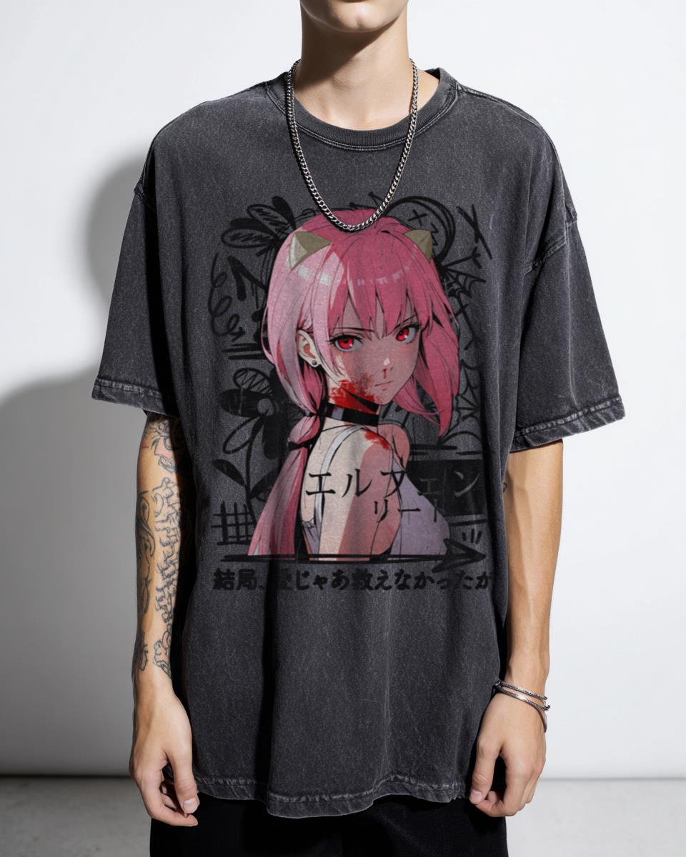 Gritty Elfen Lied Anime Graffiti Art T-Shirt - Bloody Gore Manga Fan