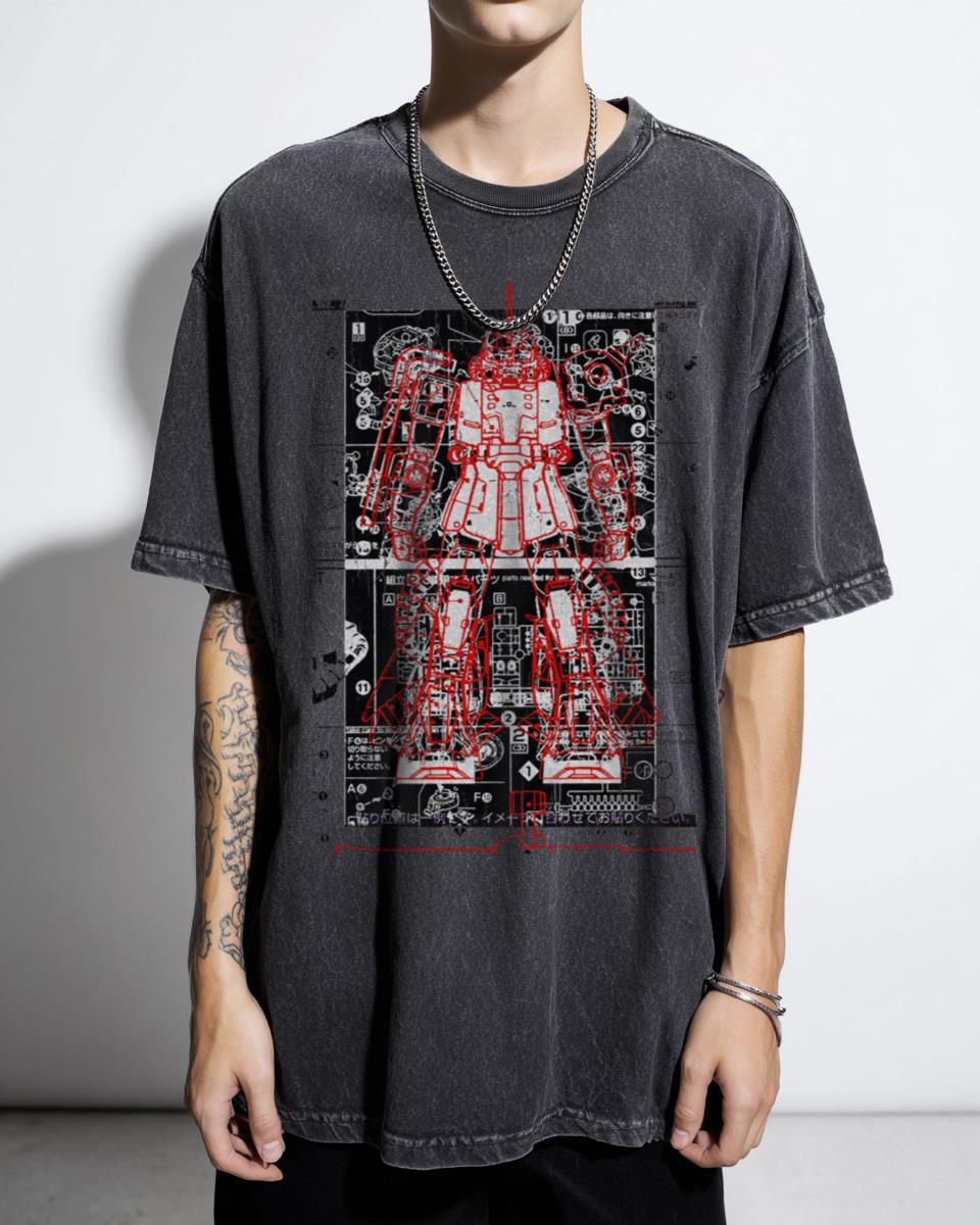 Gundam Zaku Blueprint Mecha Anime T-Shirt - Mechanical Zeon Gunpla Fan Unisex