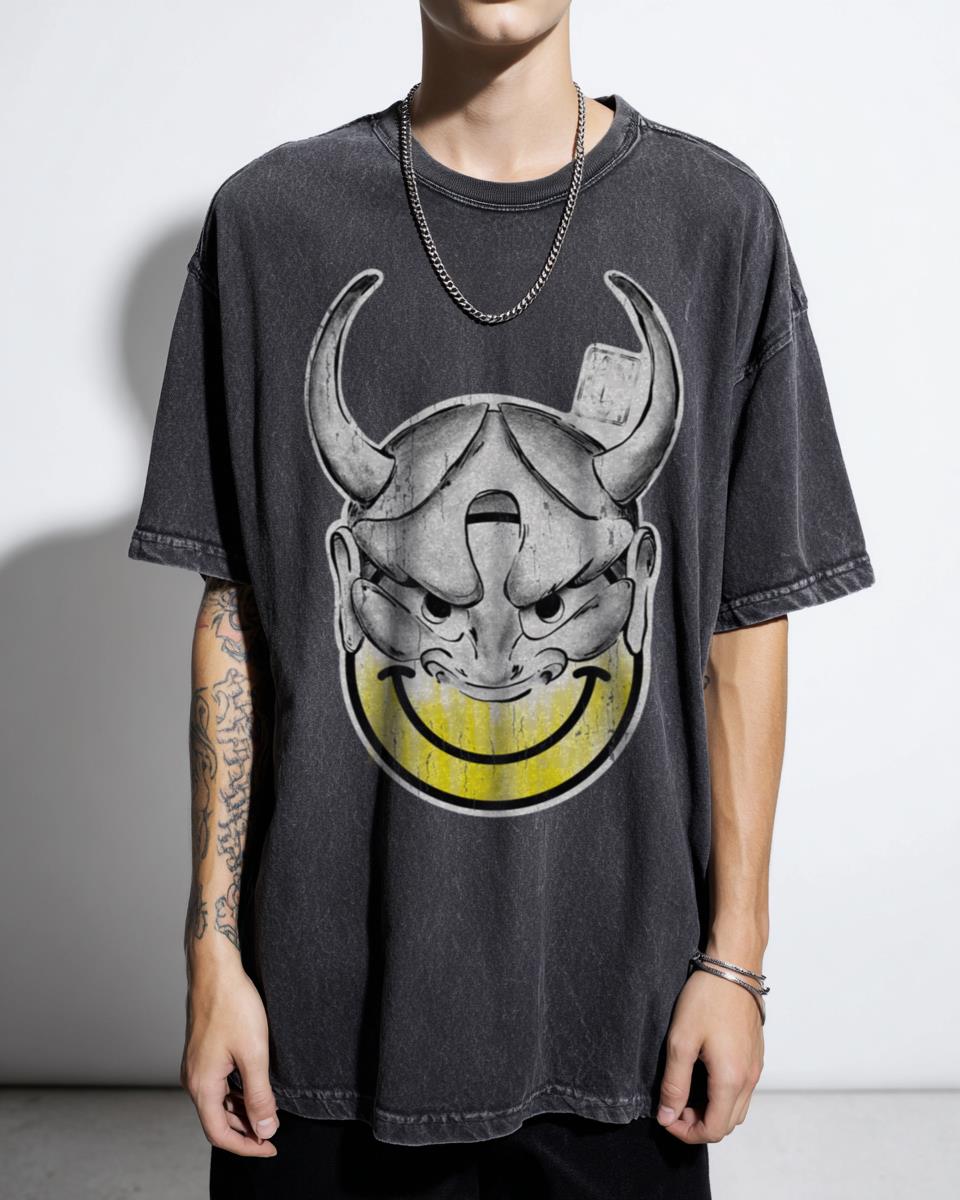 Hanya Mask Duality of Faces Art T-Shirt - Japanese Demon Smiley Mix