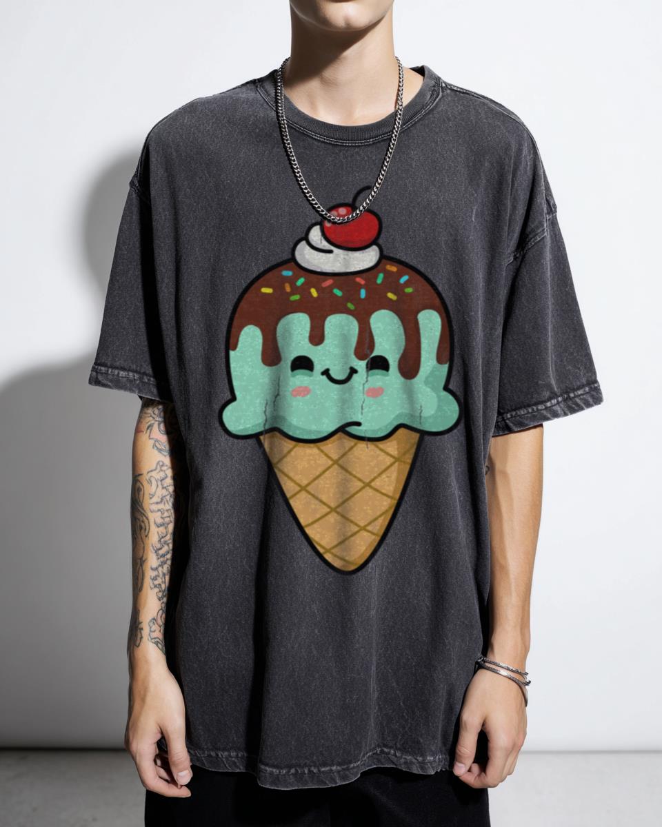 Happy Kawaii Mint Ice Cream Cone Cute Food T-Shirt - Adorable Japanese Dessert Aesthetic Tee Unisex