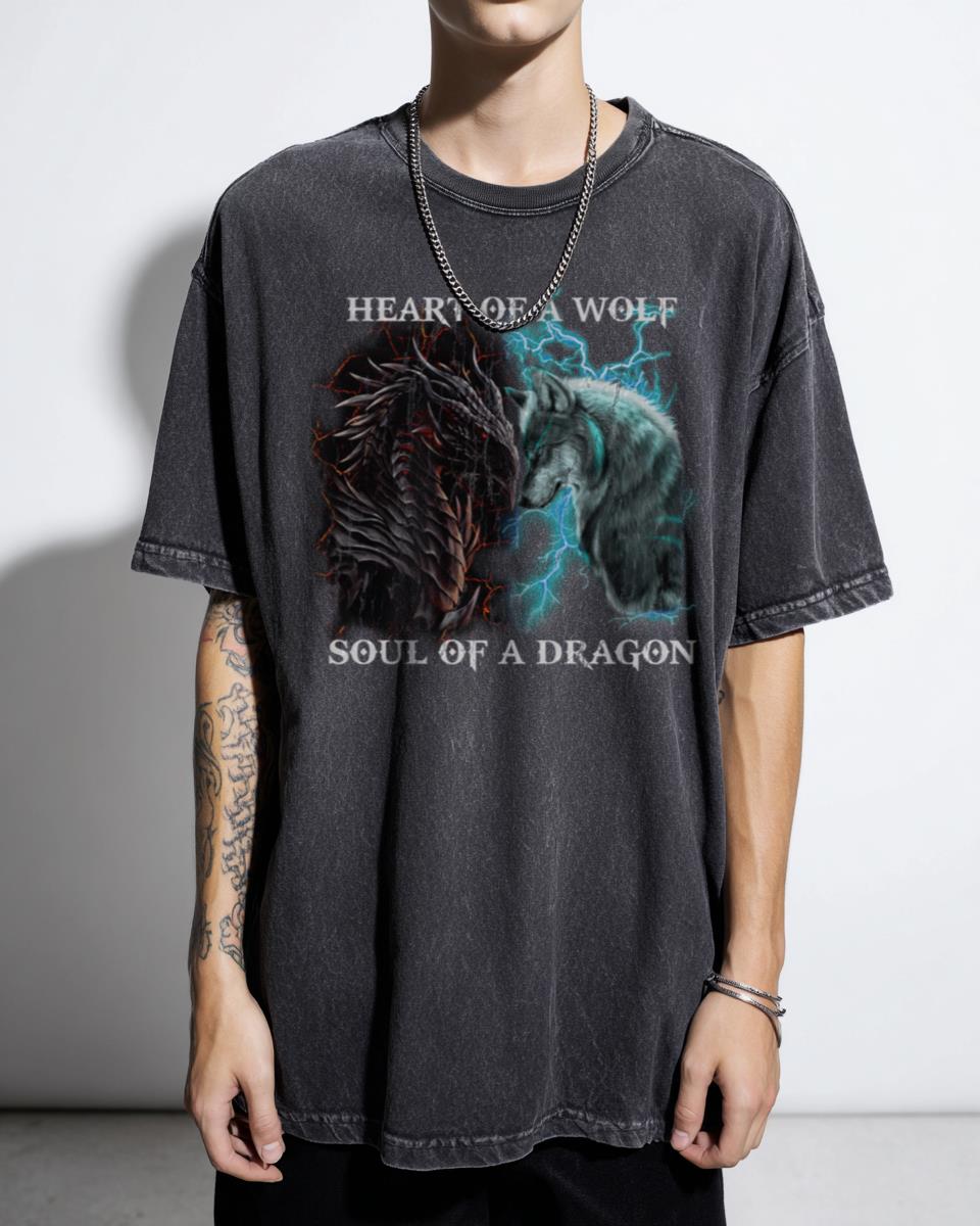 Heart Wolf Soul of Dragon Fantasy T-Shirt - Mythical Warrior Animal Unisex
