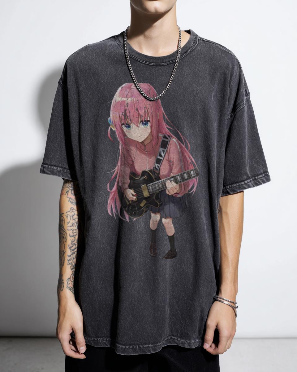 Hitori Gotou & Black Guitar T-Shirt - Bocchi the Rock Anime Girl Band Fan Art