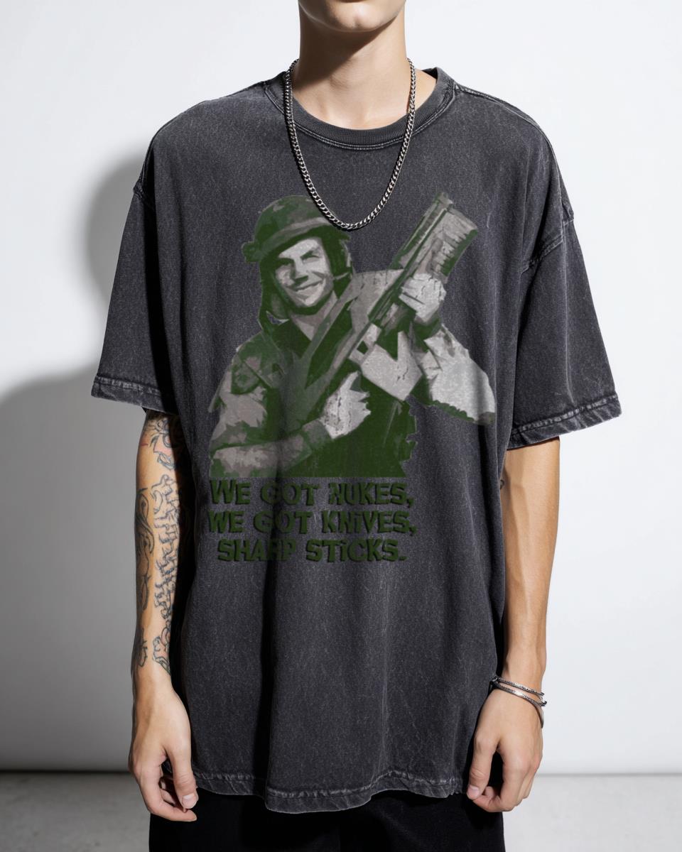 Hudson Aliens Nukes Knives Sharp Sticks T-Shirt - 80s Movie Quote Bill Paxton Tee