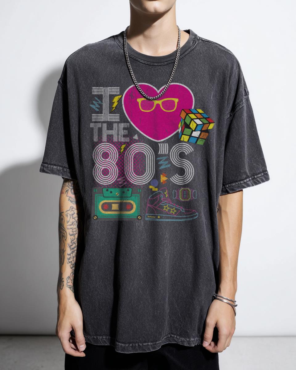 I Heart the 80s Eighties Retro Graphic T-Shirt - Vintage Boombox Rubiks Cube