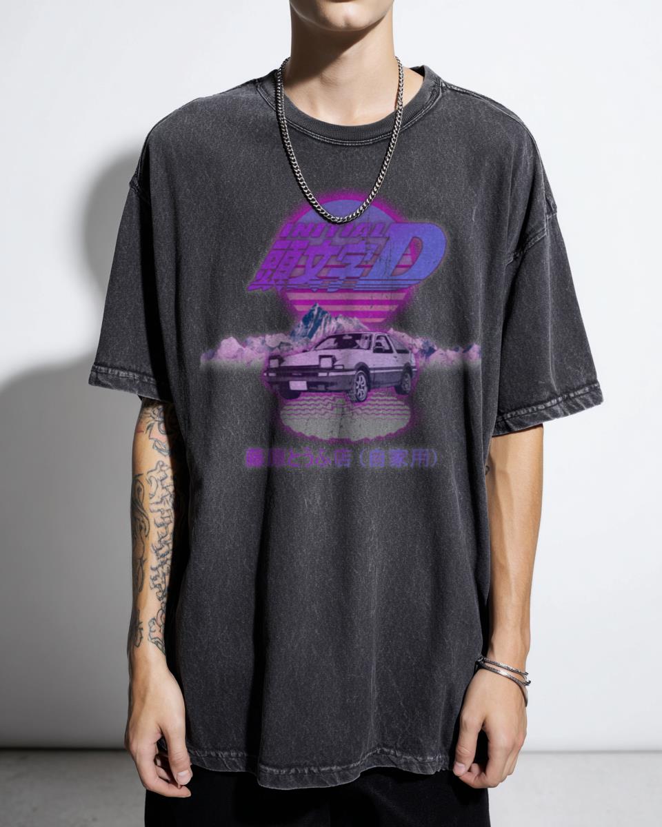 Initial D AE86 Retro Synthwave Anime T-Shirt - Running In The 90s JDM Aesthetic