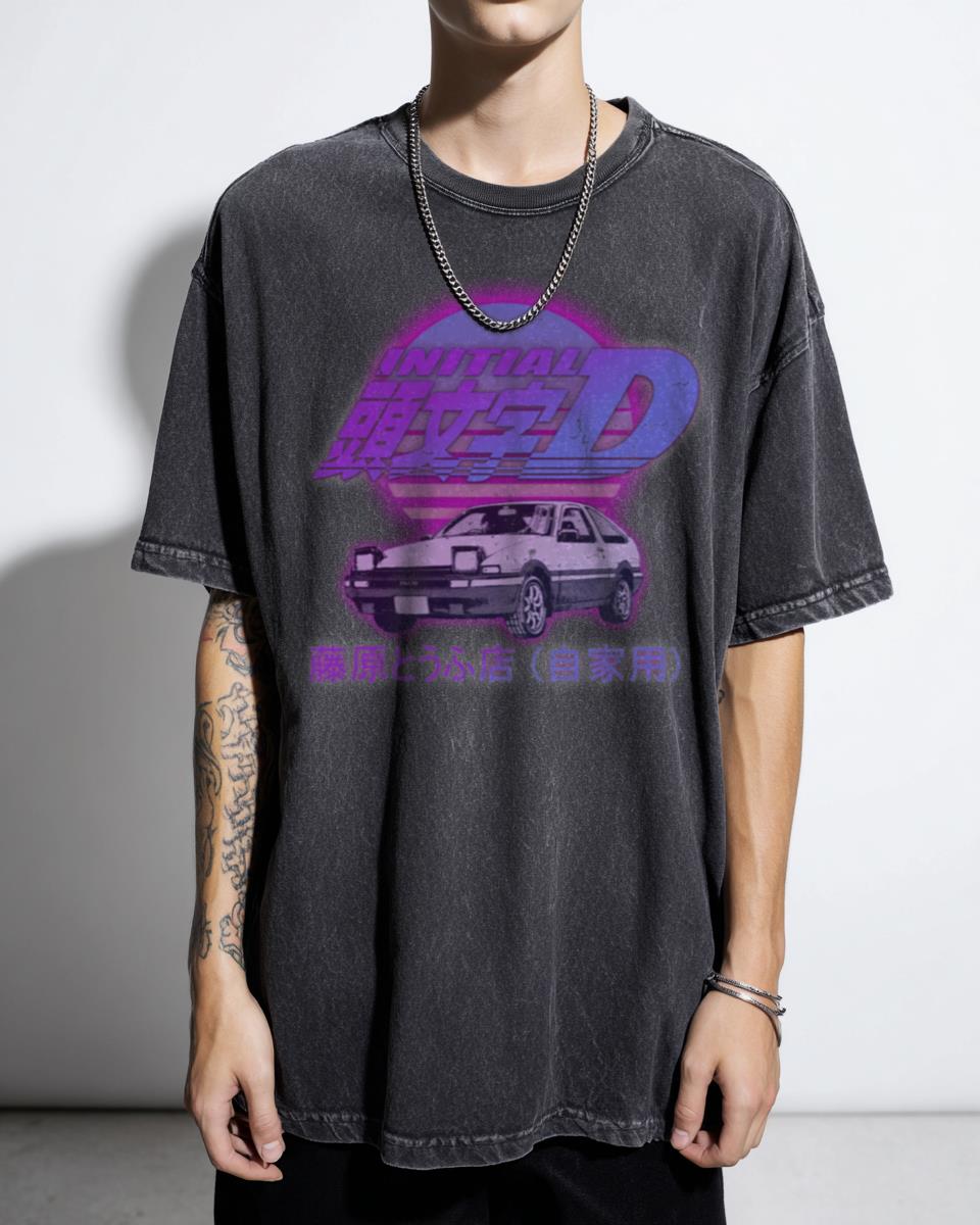 Initial D AE86 Retro Synthwave Anime T-Shirt - Running In The 90s JDM Aesthetic