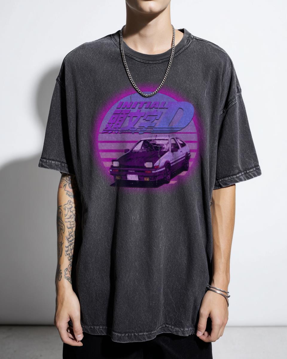 Initial D AE86 Retro Synthwave Anime T-Shirt - Running In The 90s JDM Aesthetic