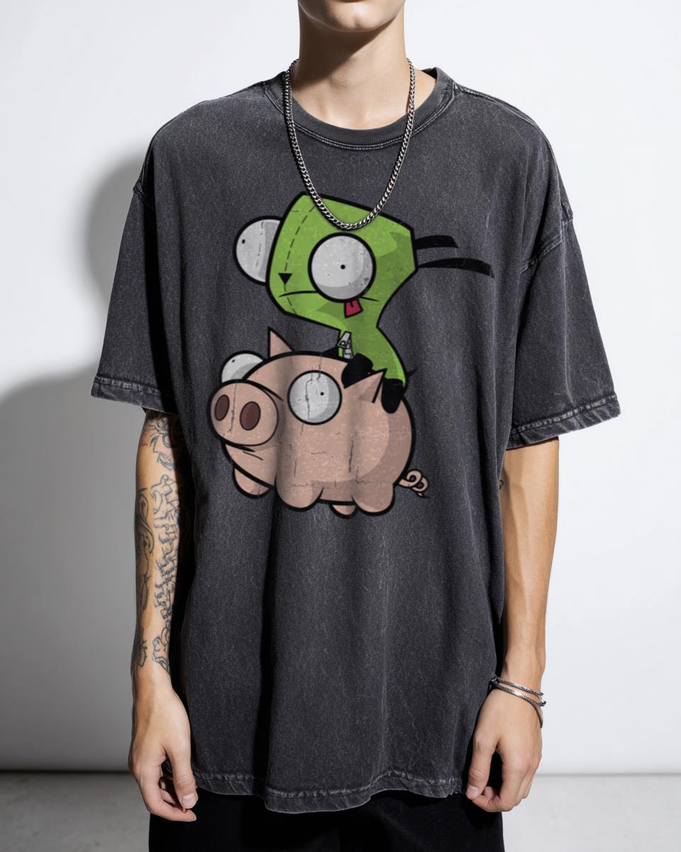 Invader Zim Gir Flying on Piggy Cartoon T-Shirt - Nickelodeon Fandom Apparel