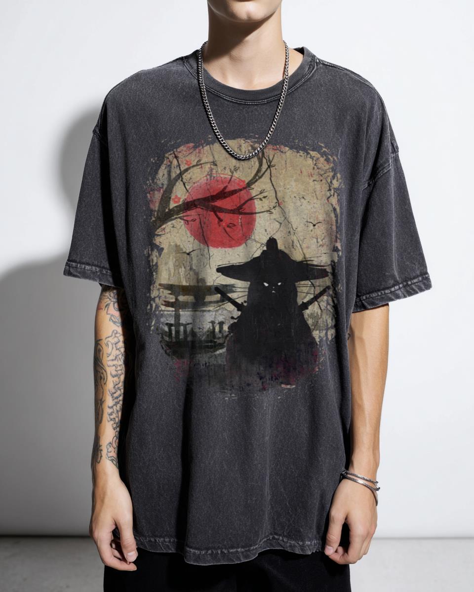 Japan Samurai Cat Neko Warrior T-Shirt - Cherry Blossom Feline Art Apparel