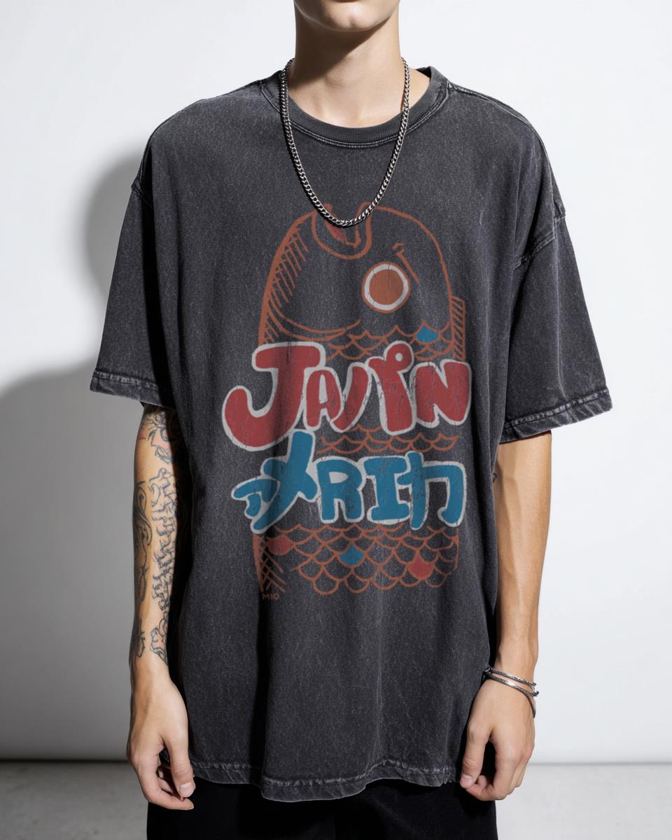 Japanese American Fish Art Acidwash T-Shirt | Cultural Fusion Tee