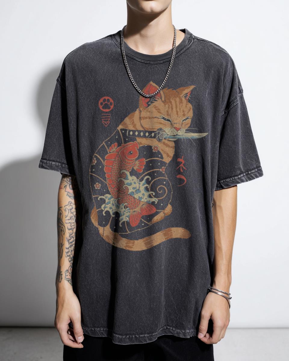 Japanese Carp Tattooed Cat Anime T-Shirt - Retro Feline Art Katana Style