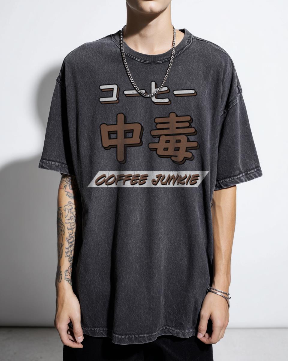 Japanese 'Coffee Junkie' Kanji Word Art T-Shirt - Caffeine Addict Brew Cafe Fan Unisex