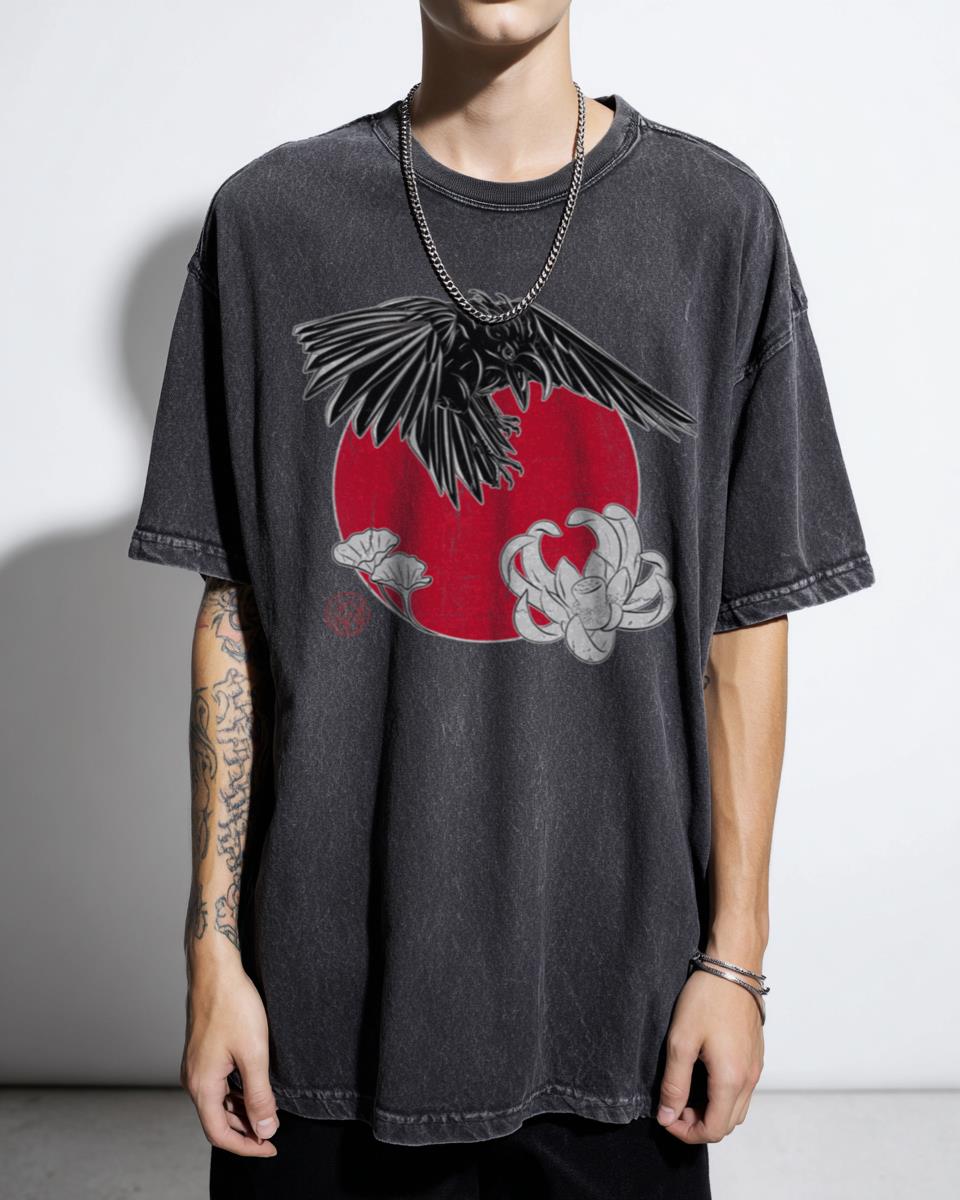 Japanese Crow & Lotus Flower T-Shirt | Ukiyoe Tattoo Art Tee