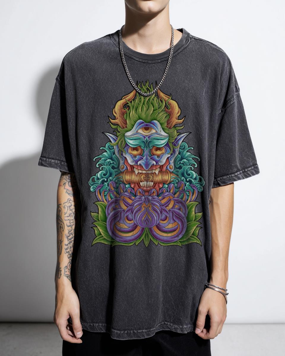 Japanese Demon Tattoo Style T-Shirt - Funny Lotus Flower Cartoon Art