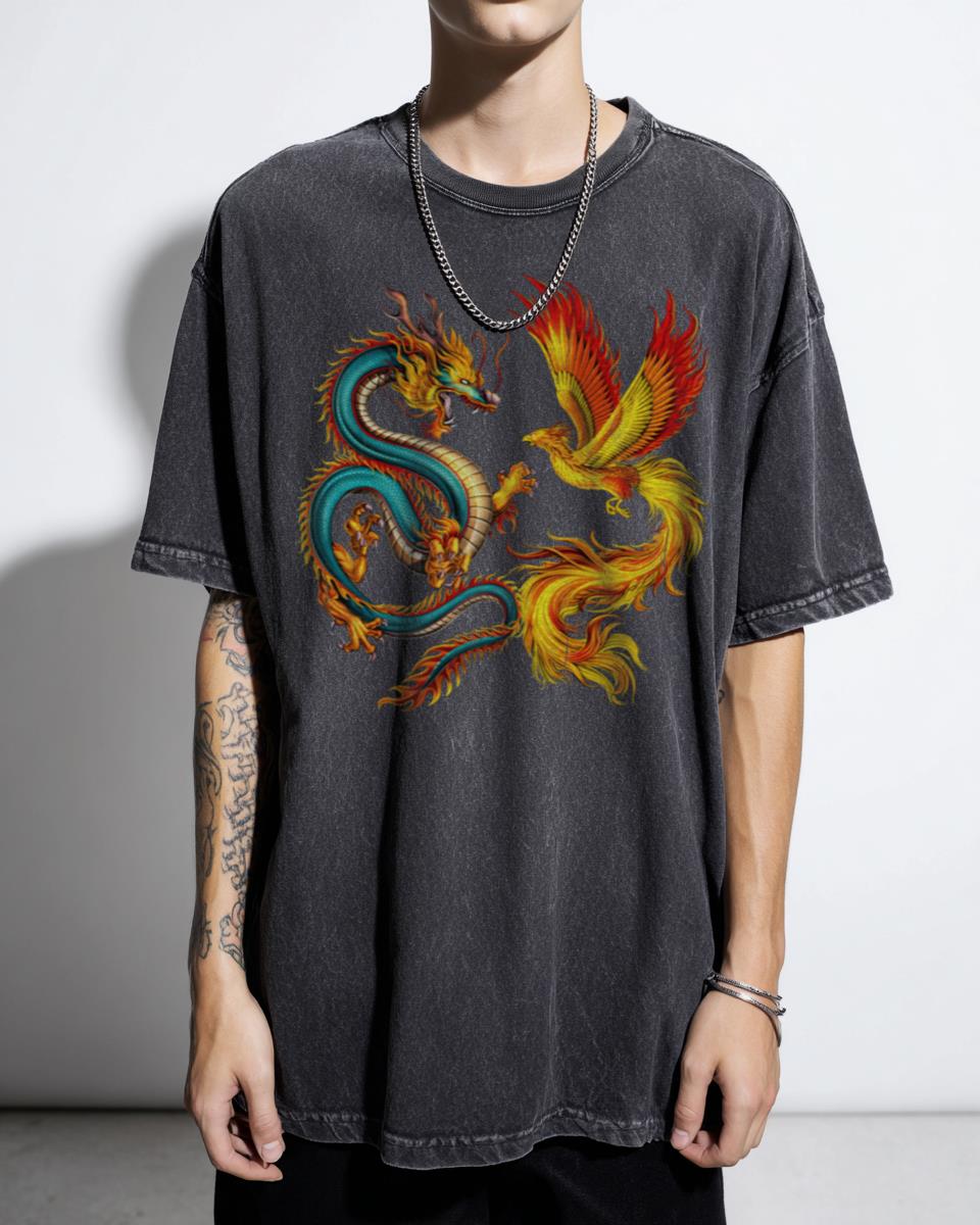 Japanese Dragon & Phoenix Mythology Art T-Shirt - Ancient Asian Culture Unisex Tee