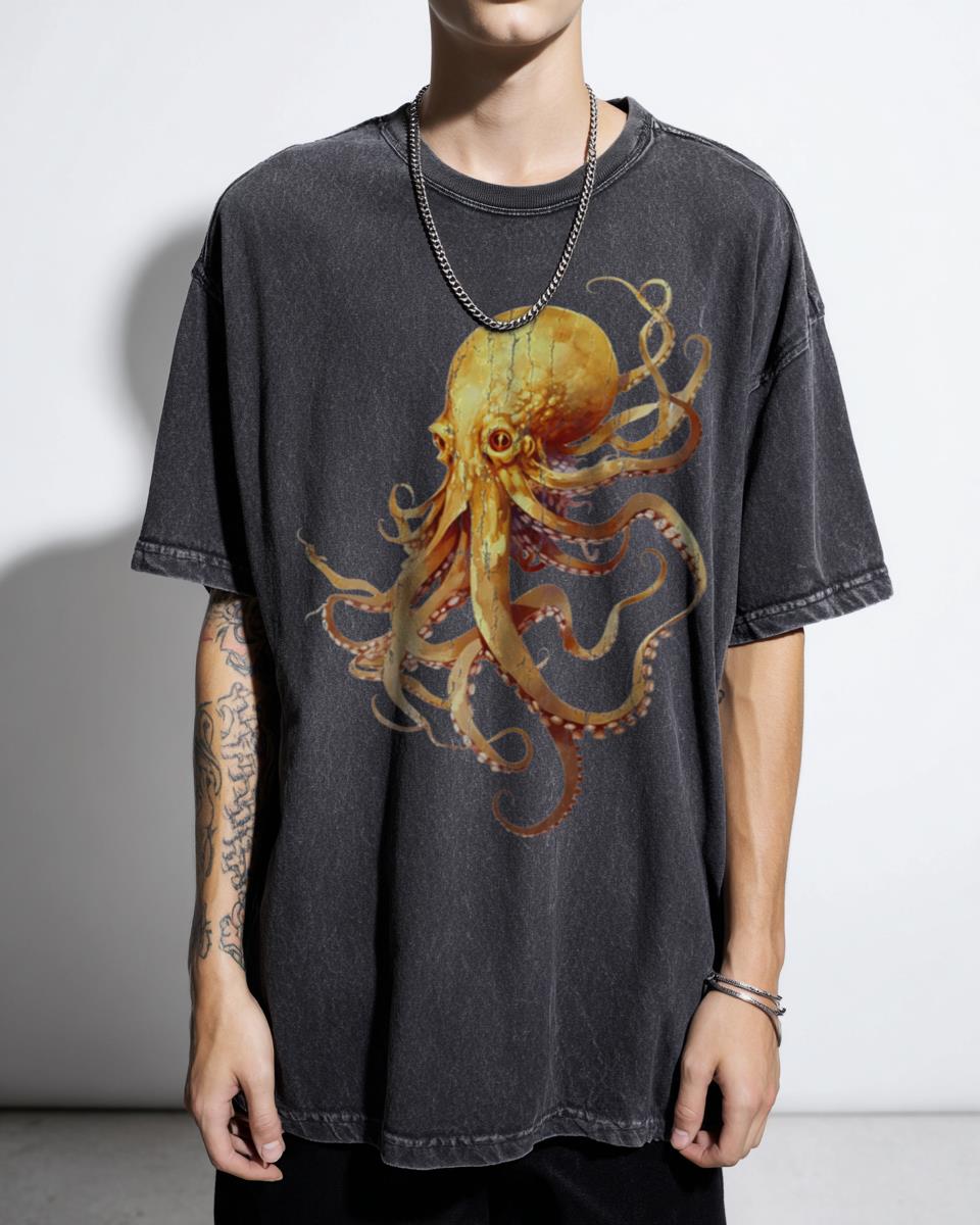 Japanese Gyotaku Style Octopus T-Shirt - Ocean Sea Creature Anime Art Unisex Tee