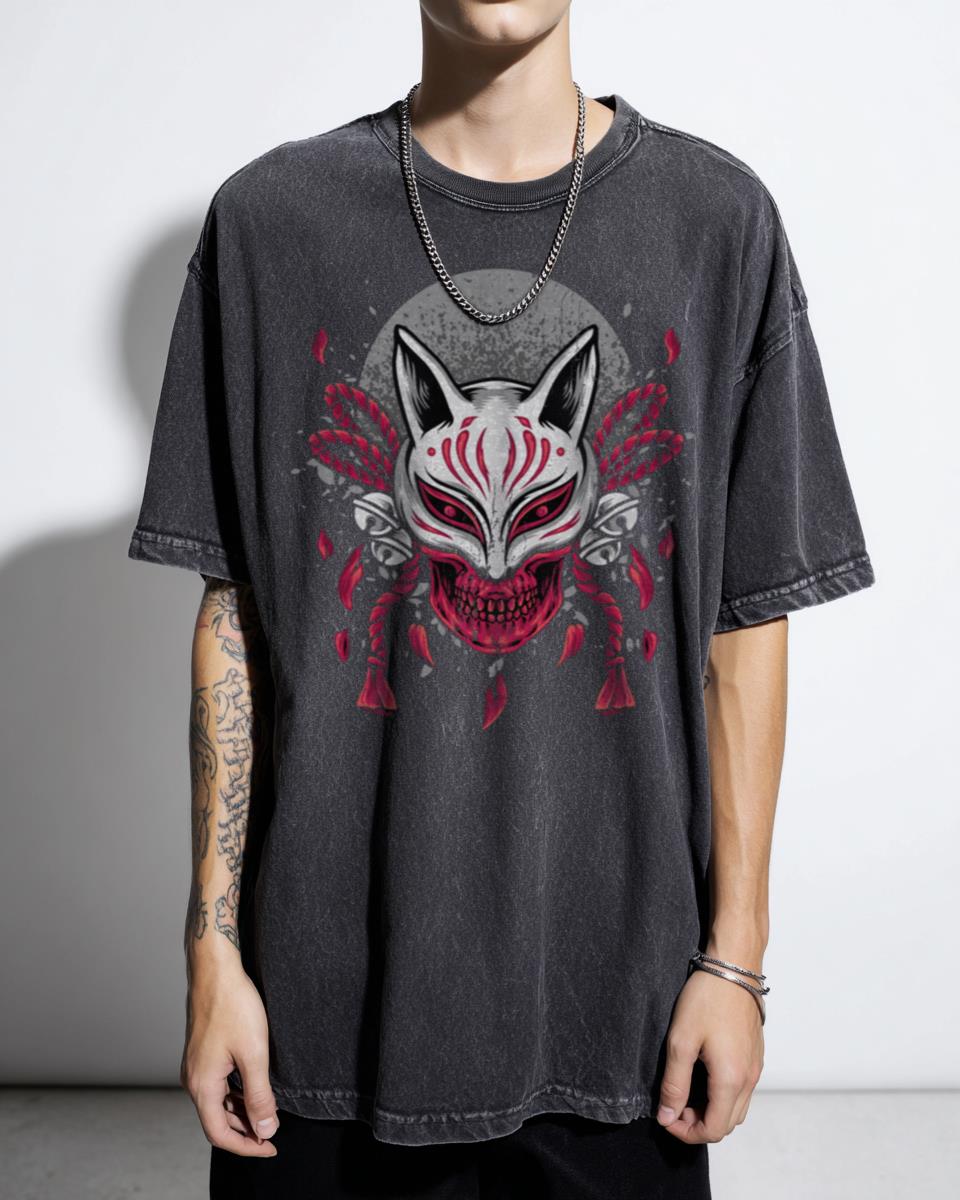Japanese Kitsune Fox Mask & Moon Graphic T-Shirt - Japan Aesthetic Anime Style