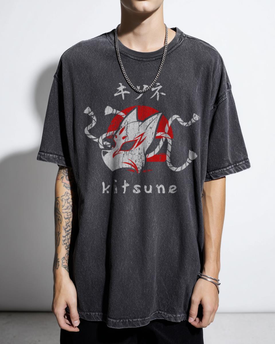 Japanese Kitsune Fox Mask Rising Sun Aesthetic Tee