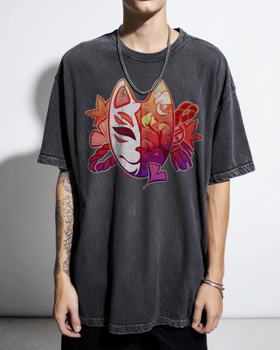 Japanese Kitsune Mask Autumn Leaves Anime T-Shirt - Yokai Fox Spirit Aesthetic