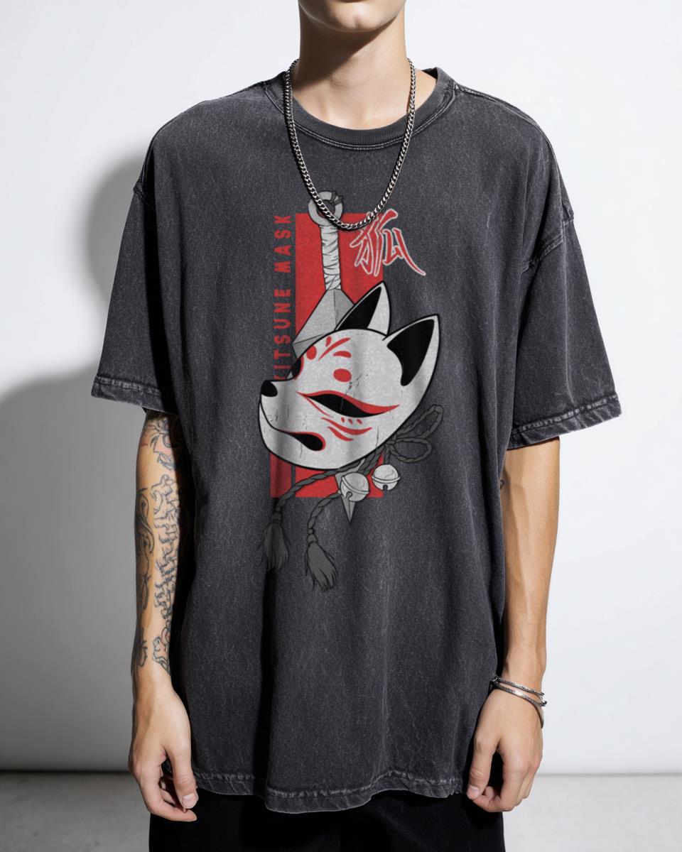 Japanese Kitsune Mask Ninja Kunai T-Shirt - Red Bells Folk Art Unisex
