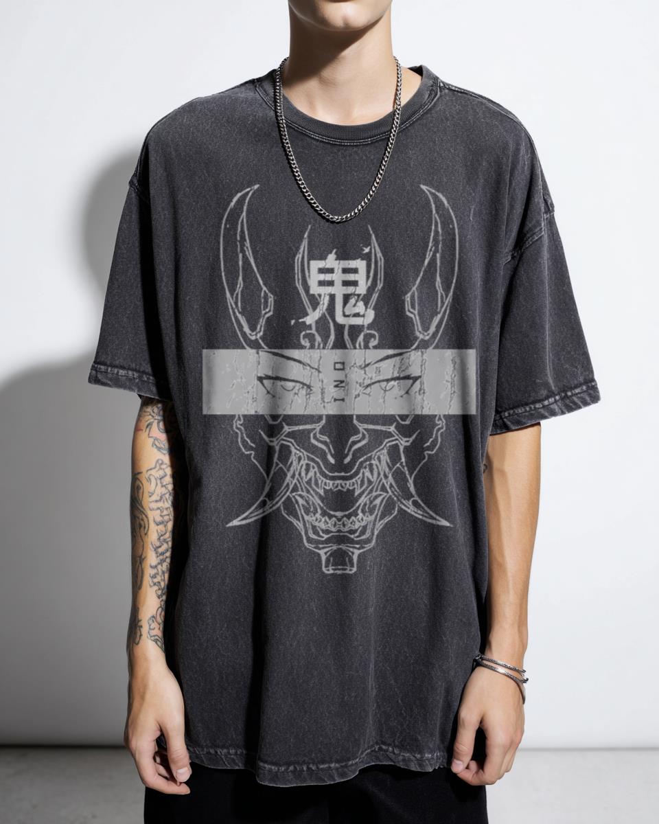 Japanese Oni Demon Mask Techwear T-Shirt - Anime Manga Style