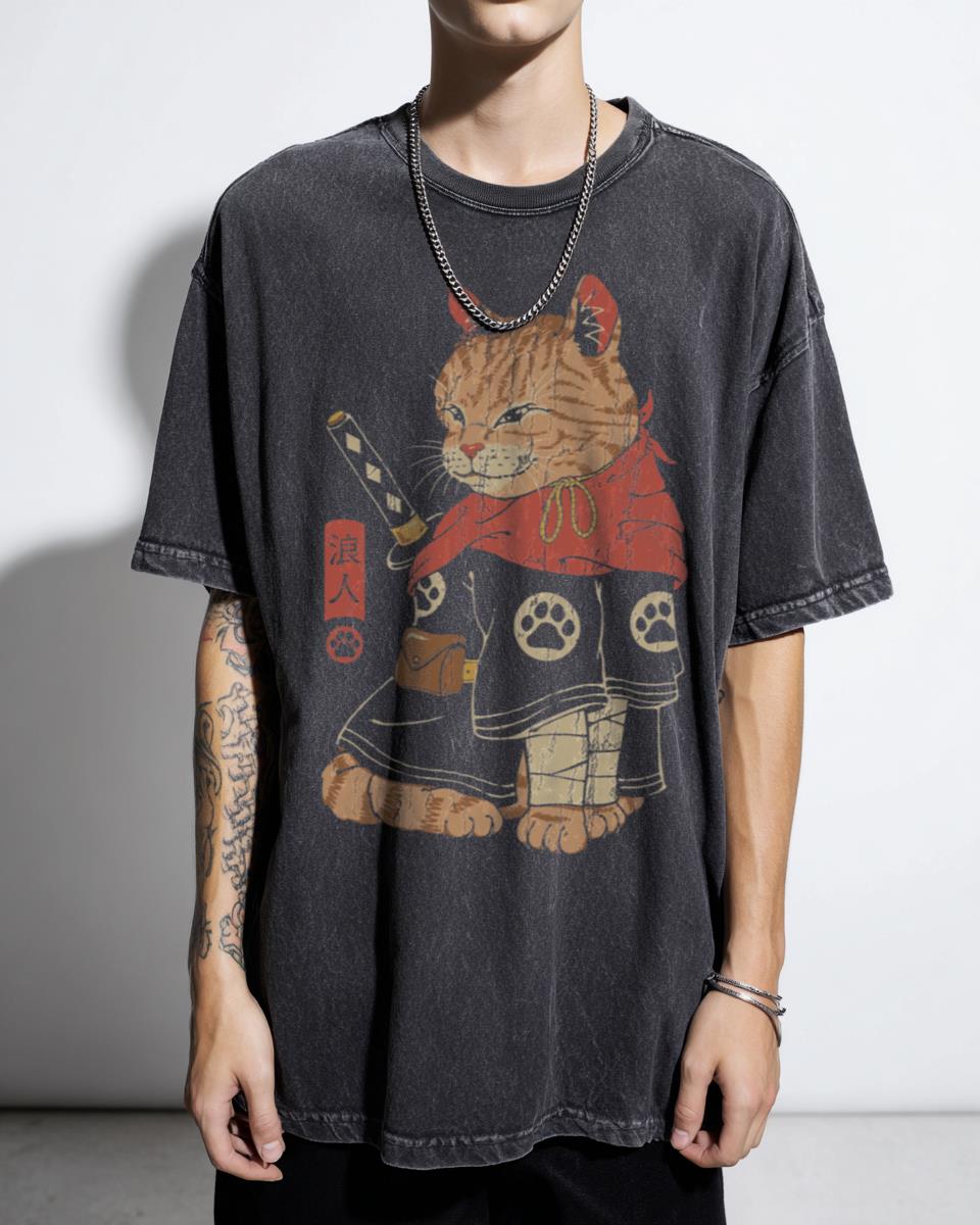 Japanese Retro Neko Ronin Samurai Cat T-Shirt - Ukiyo-e Edo Period Art Unisex