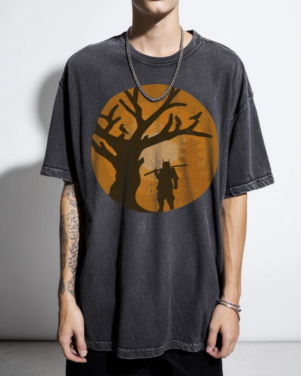 Japanese Retro Samurai Crow Tree T-Shirt - Bushido Warrior Dark Art Men's