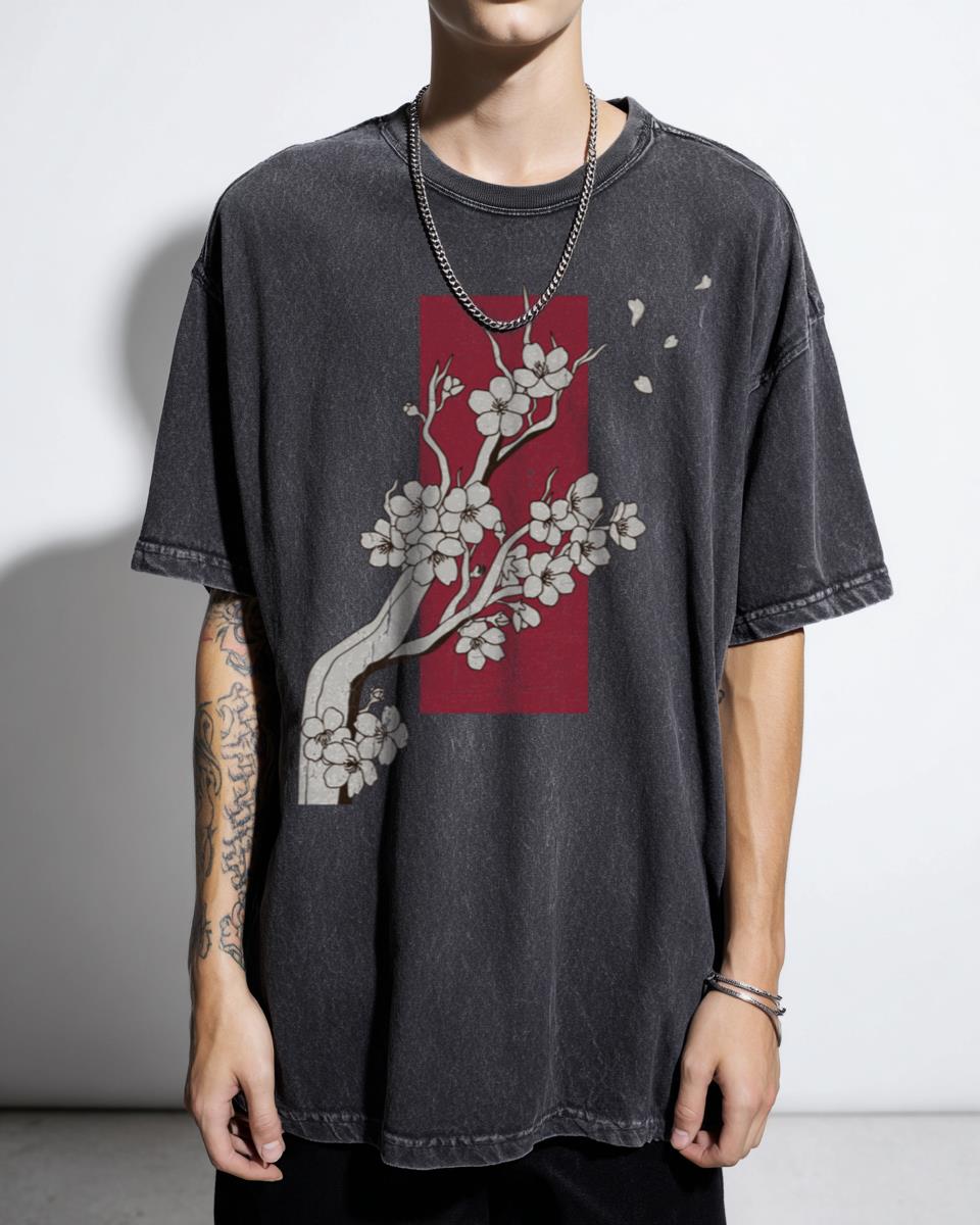Japanese Style Sakura Floral Pattern T-Shirt - Aesthetic Red & Beige Colors Unisex