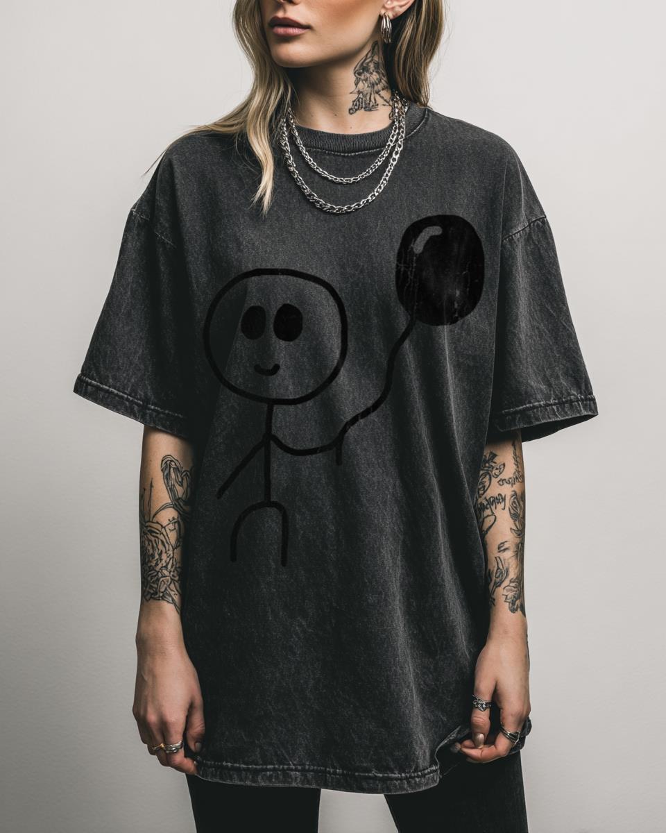Joyful Stickman with Balloon Flat Art T-Shirt – Happy Minimalist Graphic