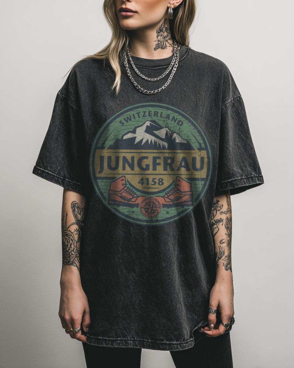 Jungfrau Switzerland Mountain Black Acidwash Graphic Tee