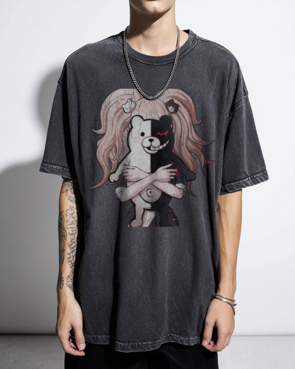 Junko Enoshima Monokuma Danganronpa Black Acidwash Graphic Tee