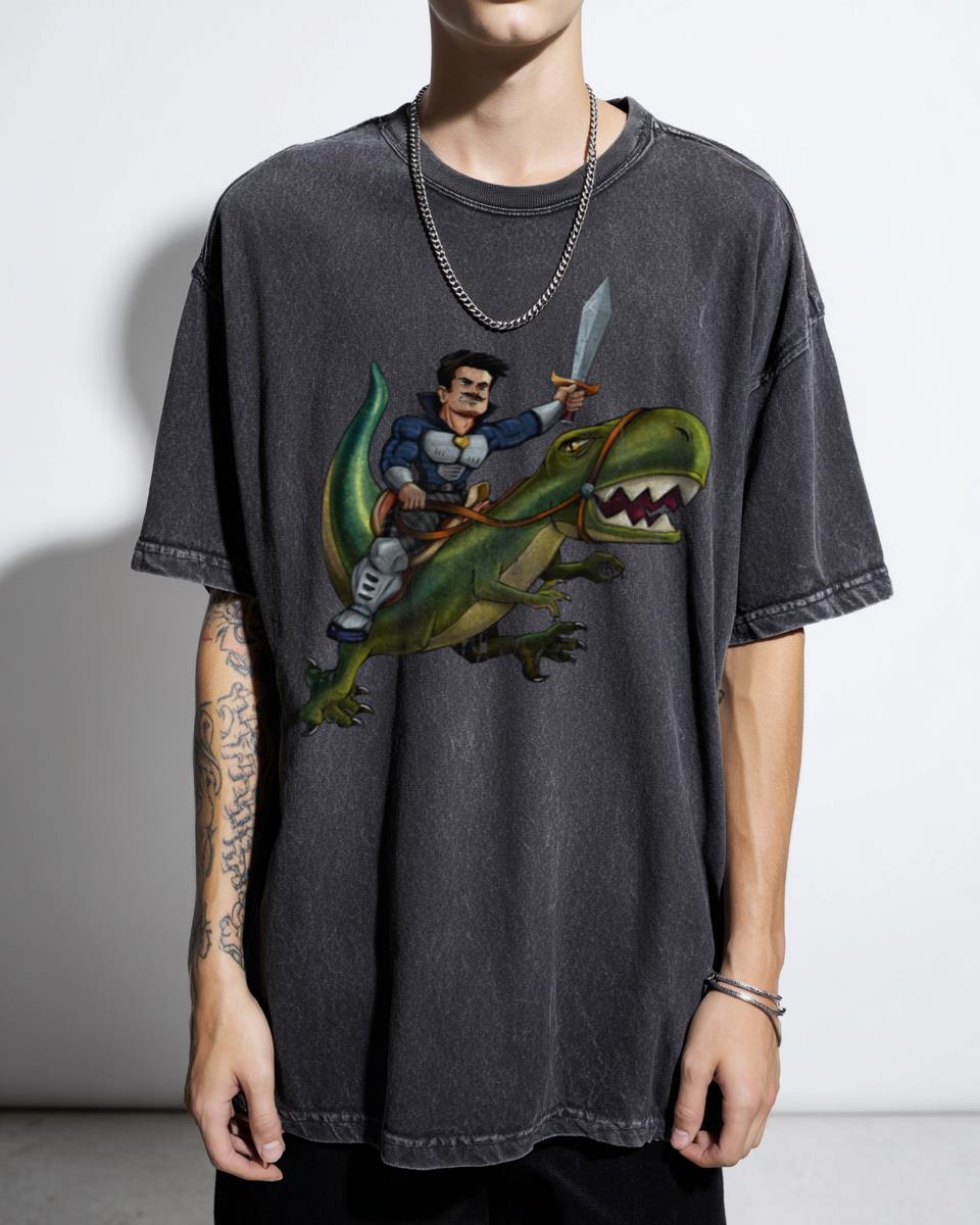 Jurassic Warrior Blue Dinosaur Armor T-Shirt - Action Battle Fantasy Art