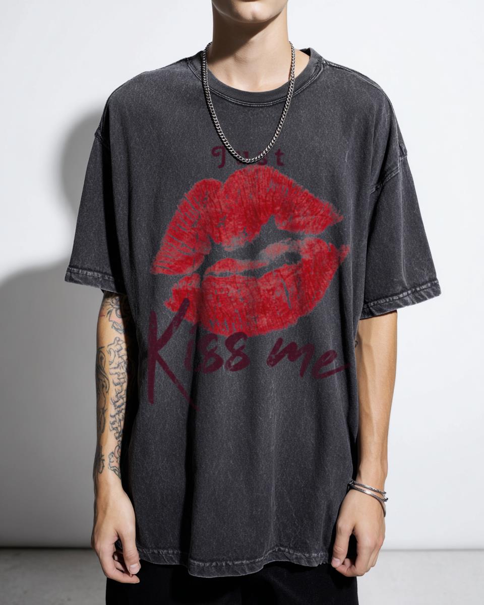 Just Kiss Me Quote T-Shirt | Romantic Lips Graphic Tee