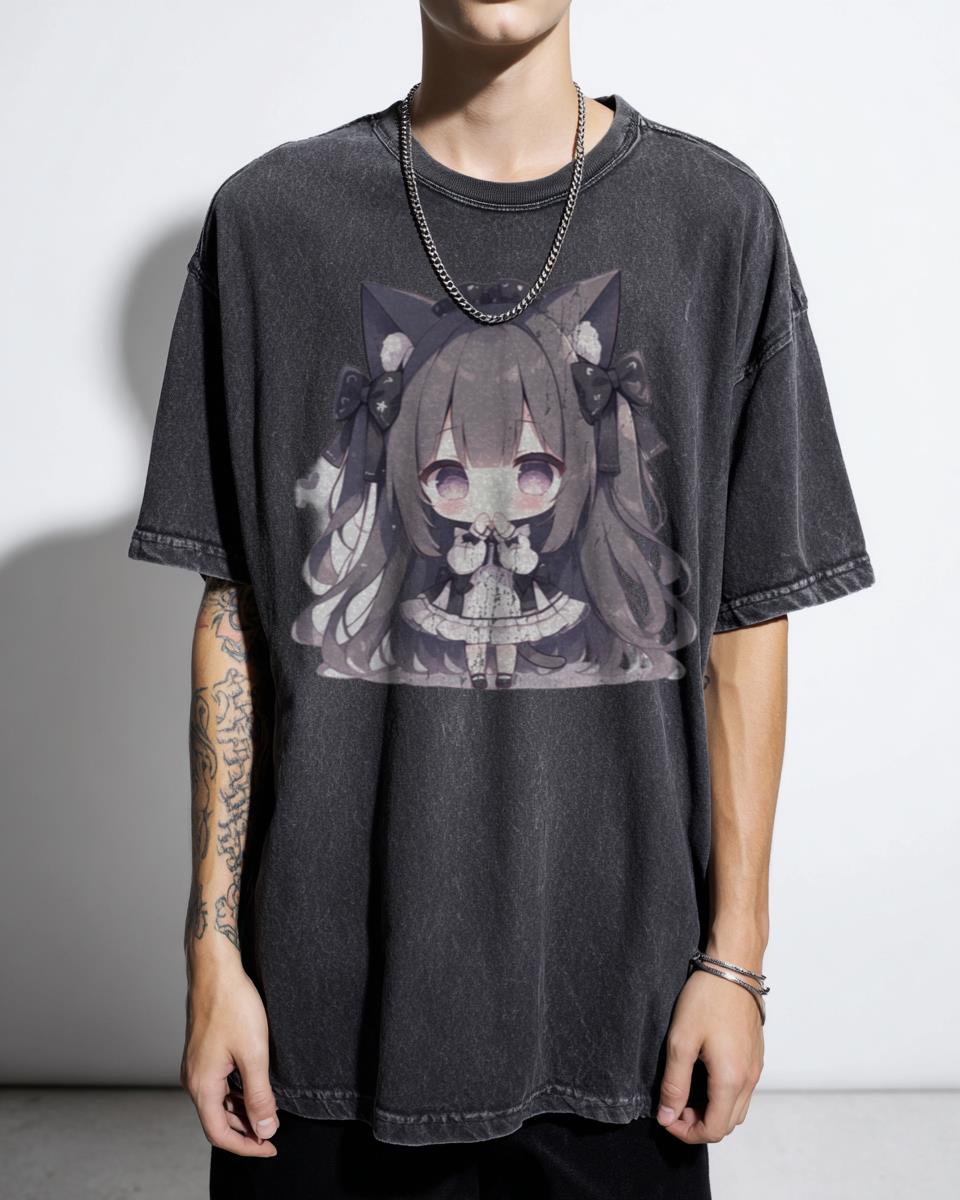 Kawaii Black Cat Girl Anime T-Shirt - Cute Japanese Neko Aesthetic Tee