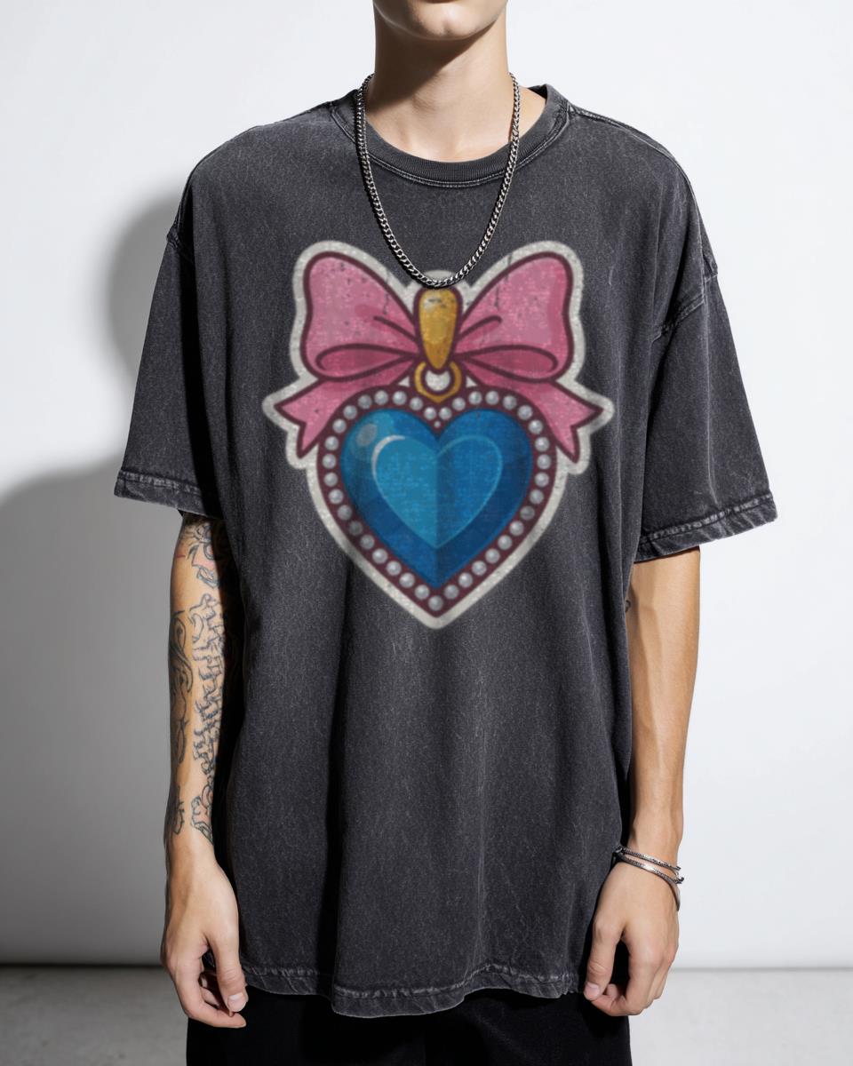 Kawaii Blue Heart Jewel Pink Bow T-Shirt - Magical Girl Sparkle Aesthetic