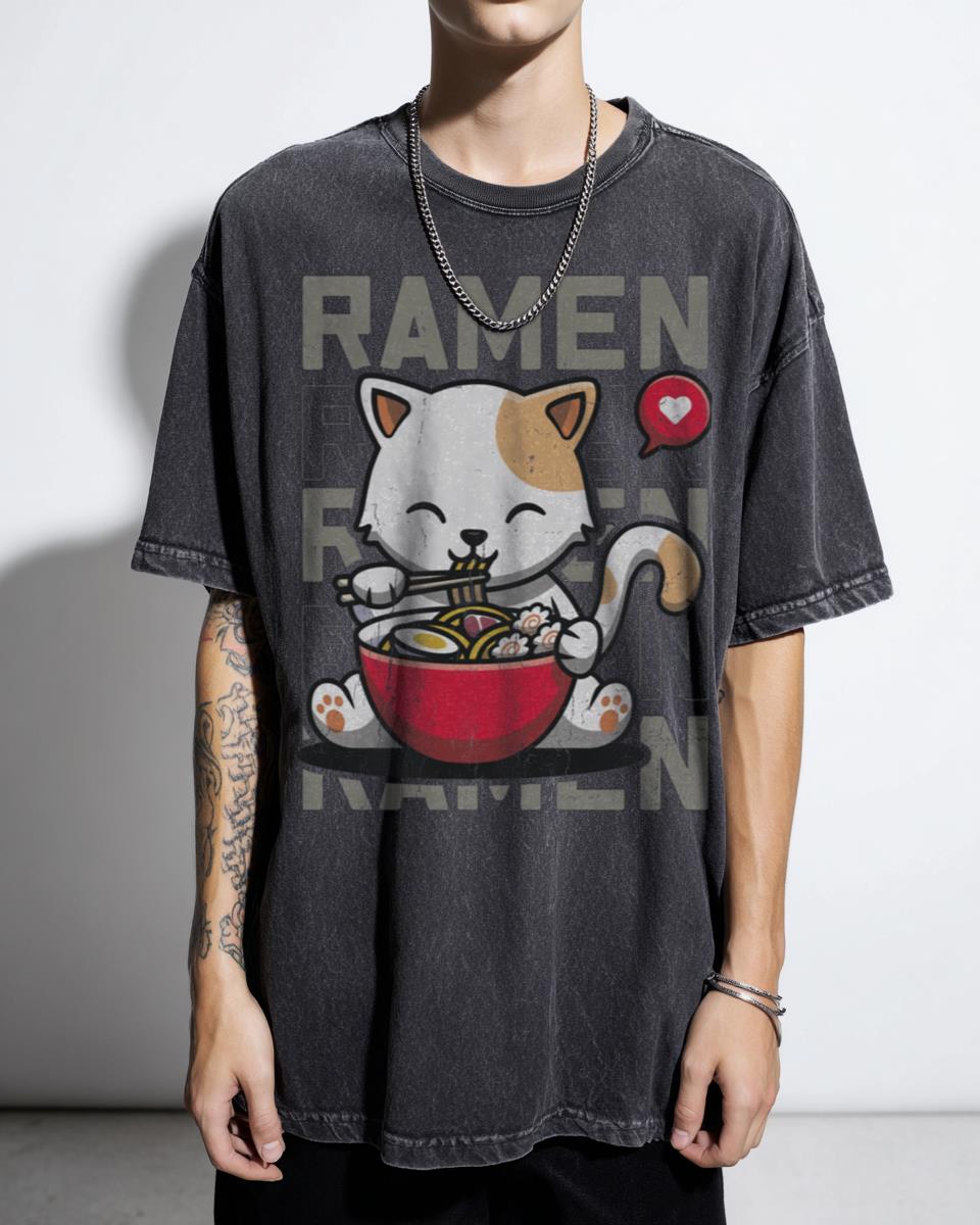 Kawaii Cat Eating Ramen Noodles Anime T-Shirt - Cute Japanese Food Kittie Otaku Gift