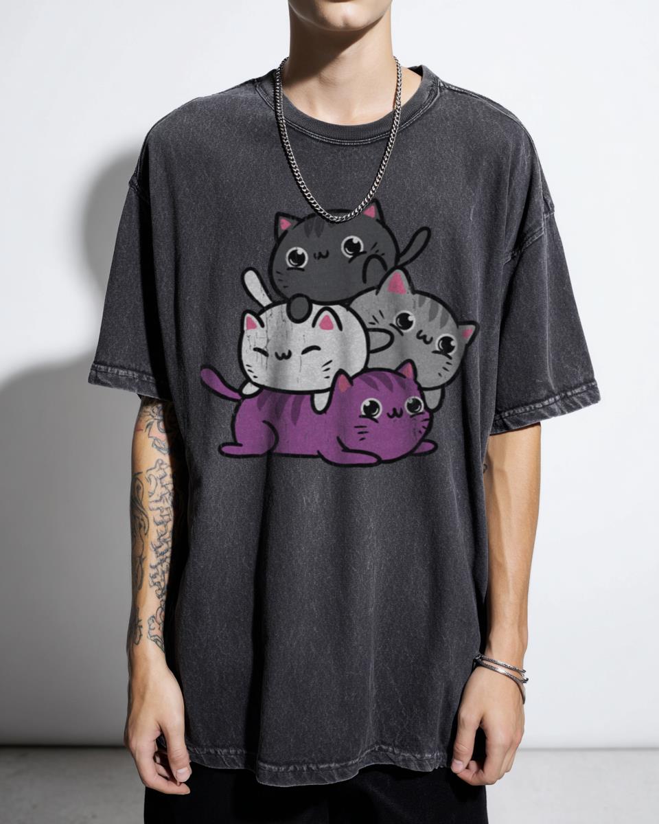 Kawaii Cat Pile Asexual Pride T-Shirt | Cute LGBT Anime Tee