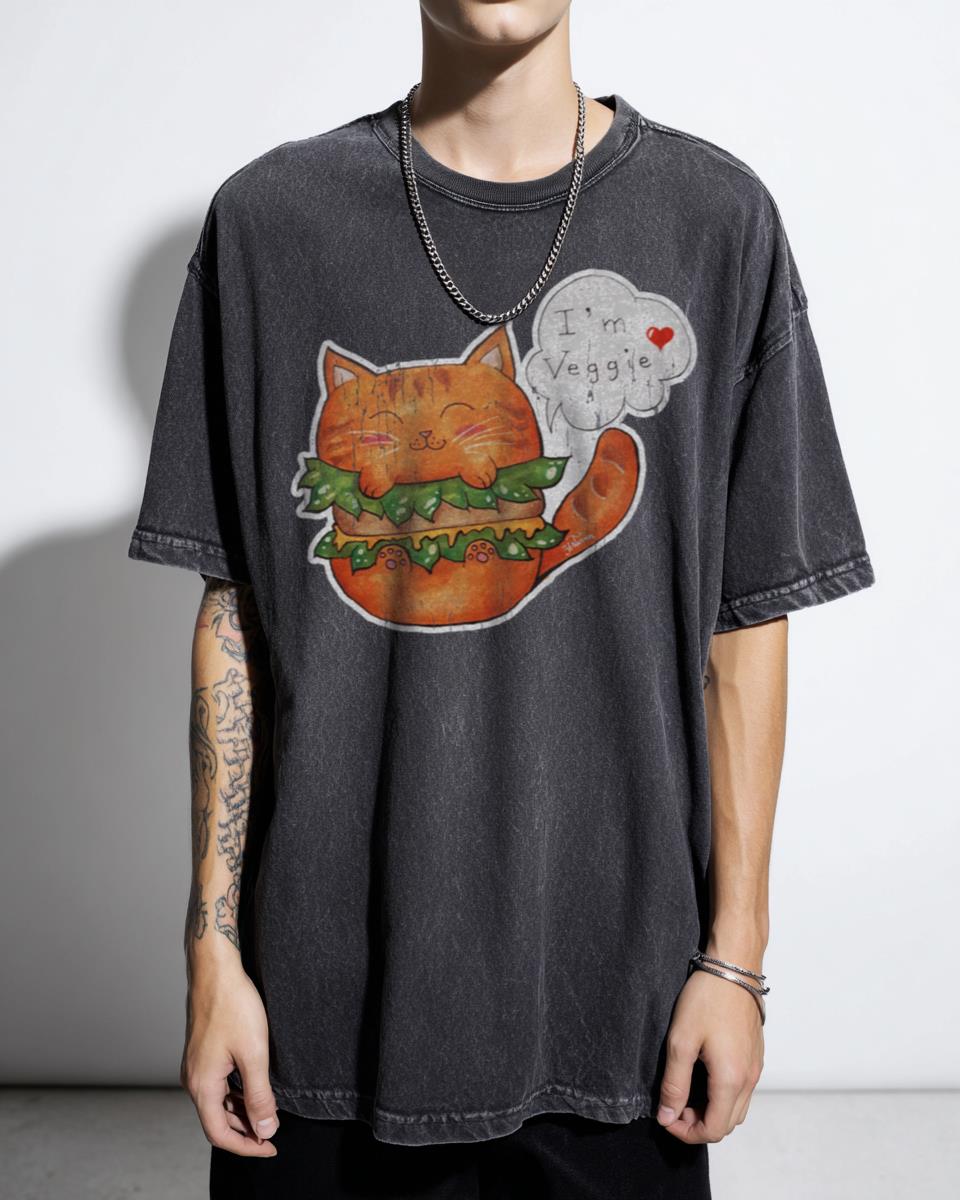 Kawaii Cat Veggie Burger T-Shirt - Cute Children's Illustration Comic Unisex
