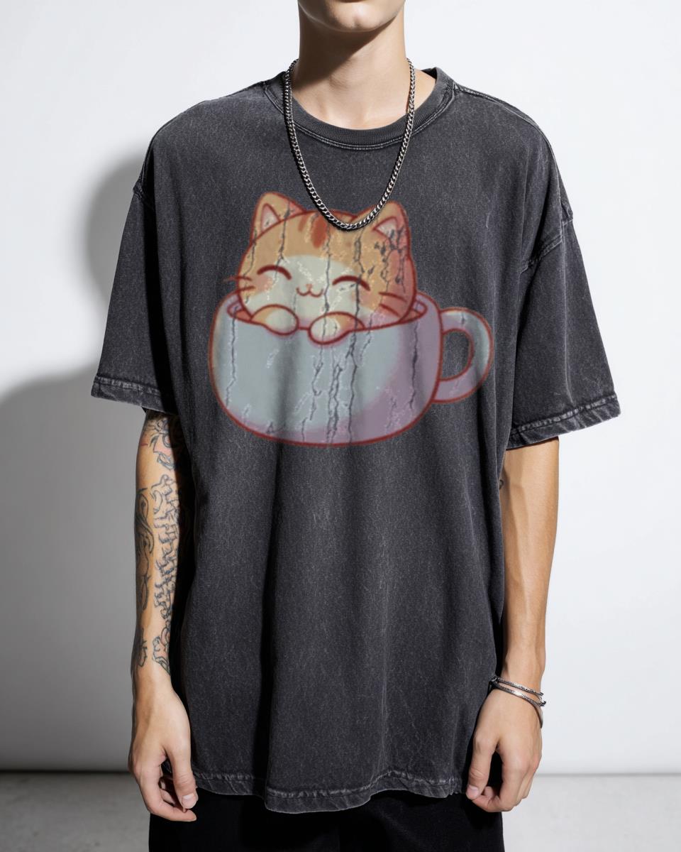 Kawaii Chibi Cat in Mug Illustration T-Shirt - Cute Kitty Lover Unisex