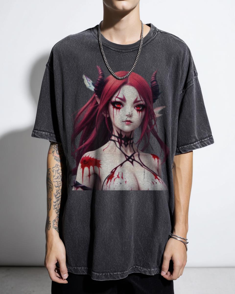 Kawaii Demon Anime Girl T-Shirt - Fantasy Horns & Tattoos Women's