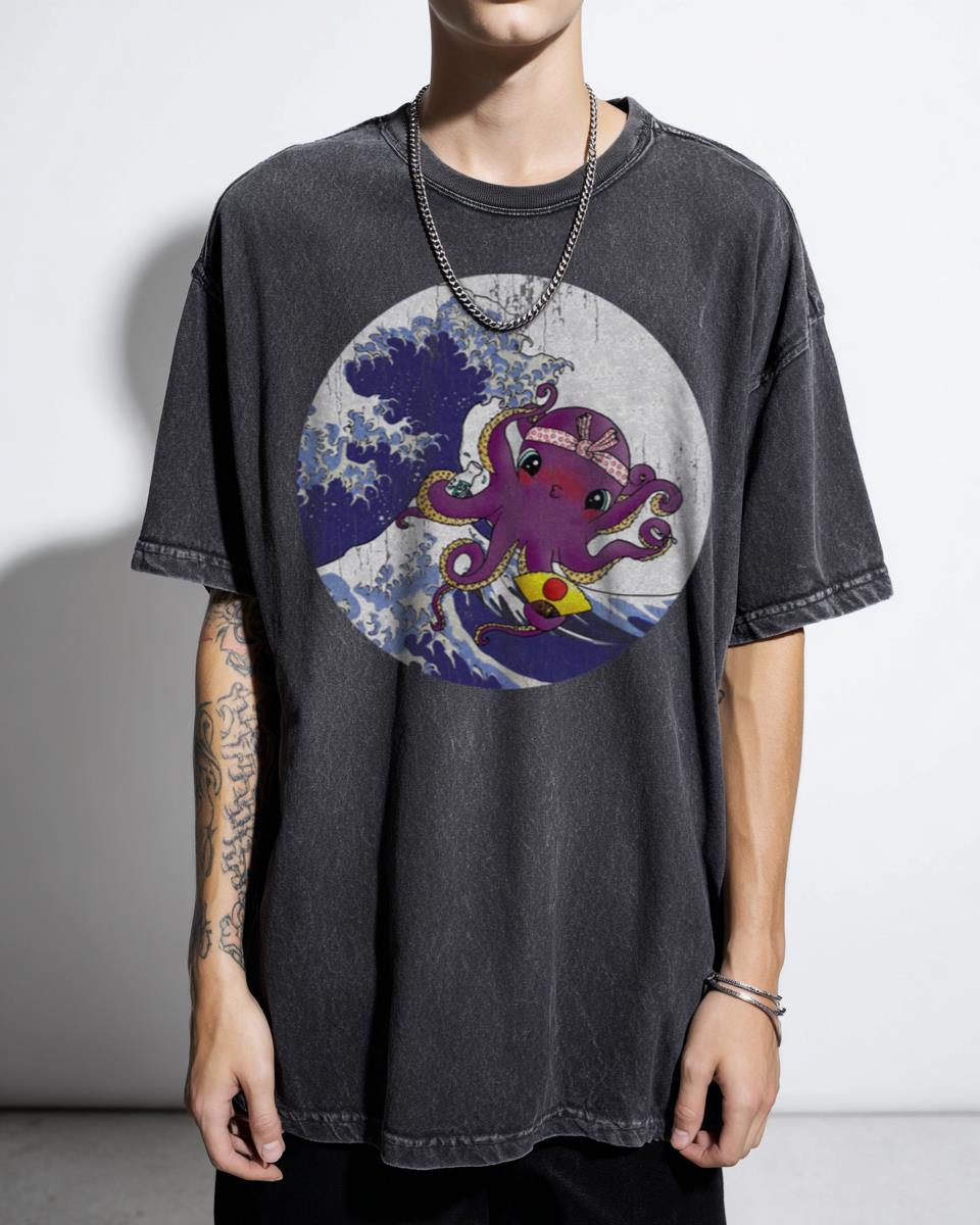 Kawaii Drunk Octopus Great Wave Kanagawa T-Shirt - Hokusai Japanese Art Parody
