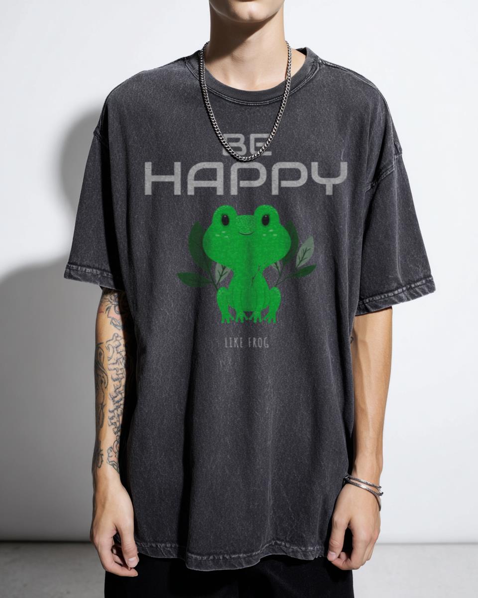 Kawaii Green Frog T-Shirt - Be Happy Like Frog Cute Animal Anime Tee