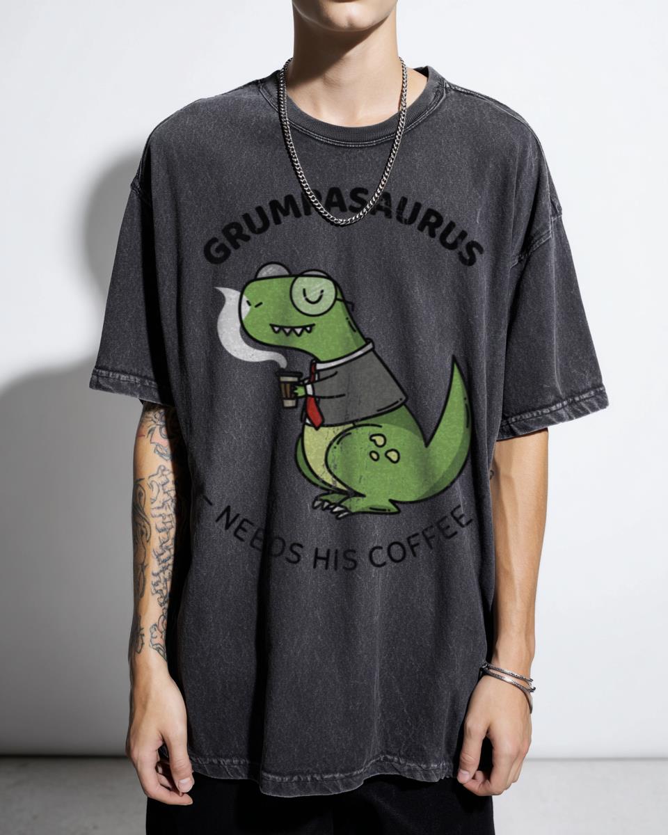 Kawaii Grumpasaurus Dinosaur Cartoon T-Shirt - Funny Green Dino Unisex Kids