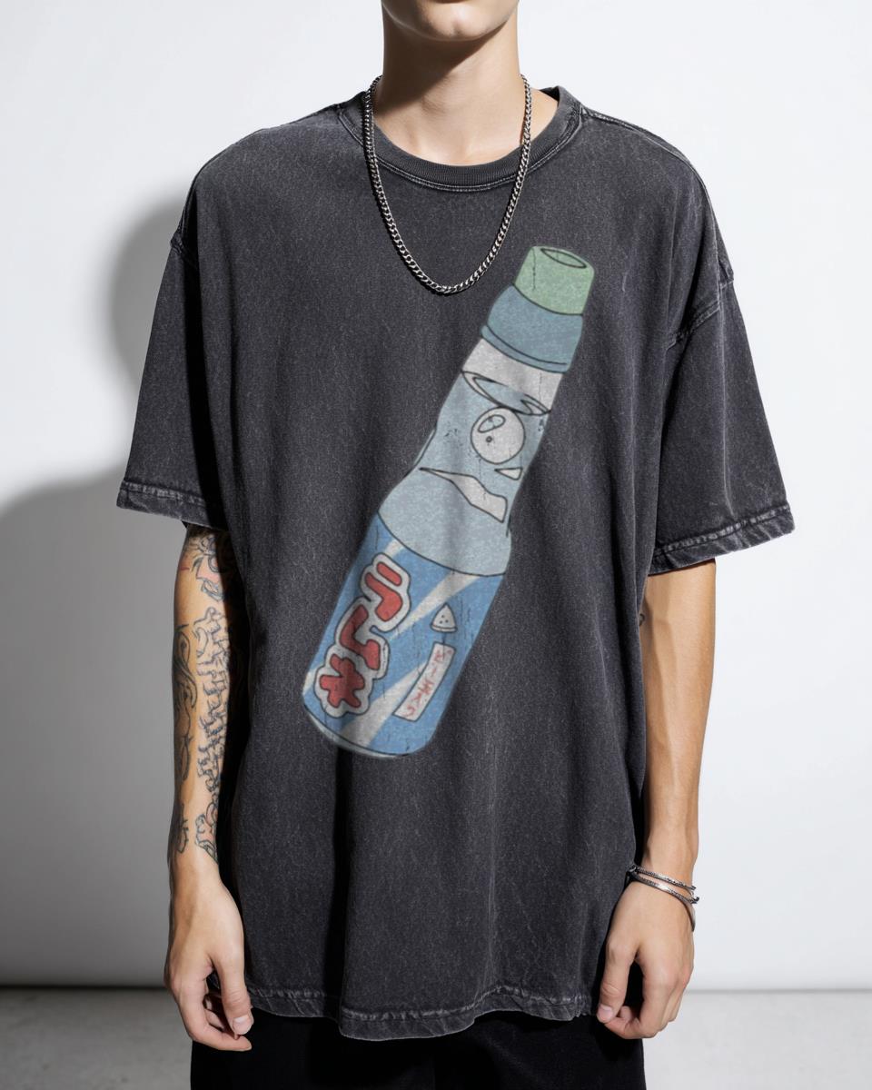 Kawaii Japanese Ramune Soda Drink T-Shirt - Cute Anime Girl Harajuku Style Black Acidwash