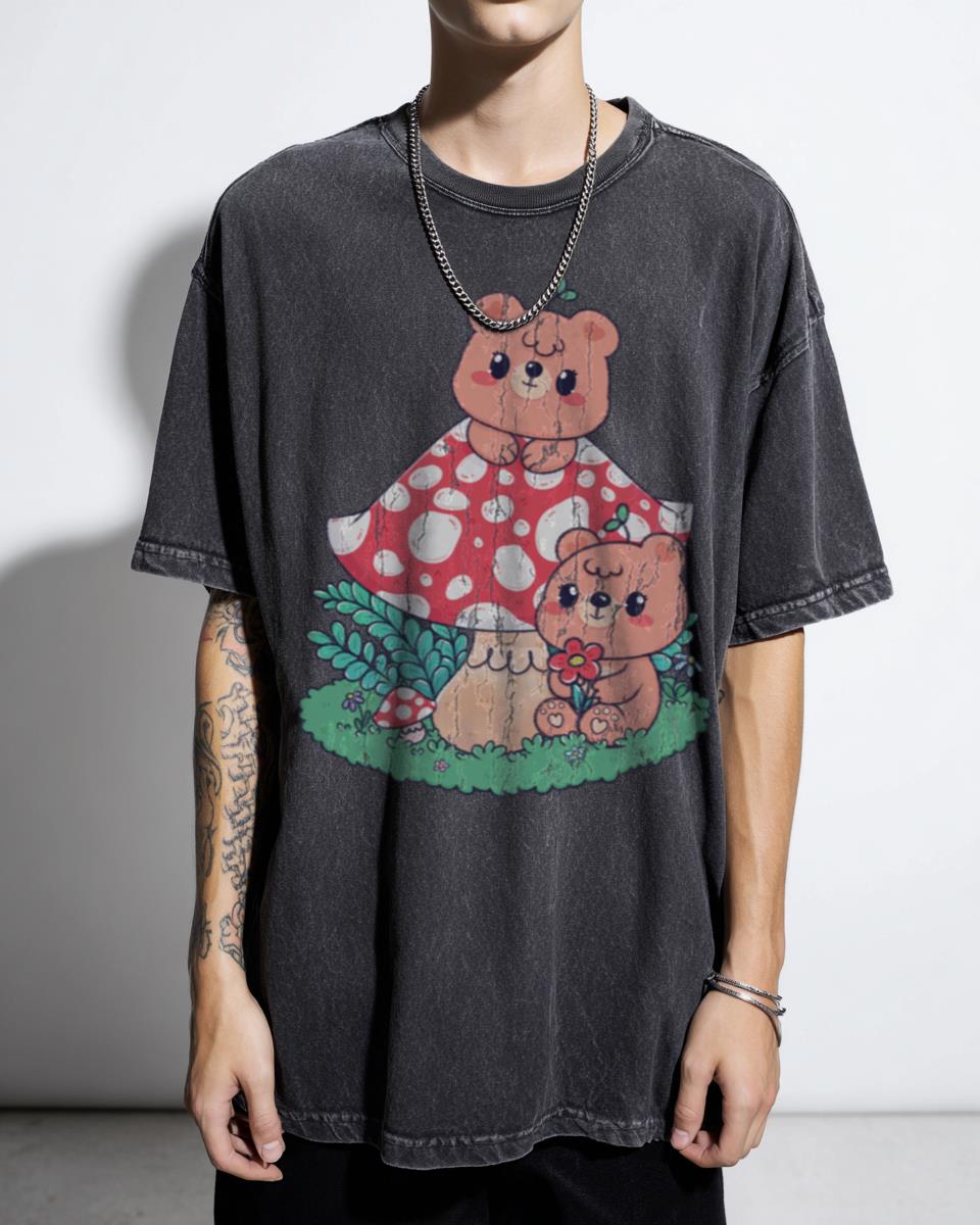 Kawaii Mashroom Forest Bear Cute Art T-Shirt - Pastel Nature Kids & Adults