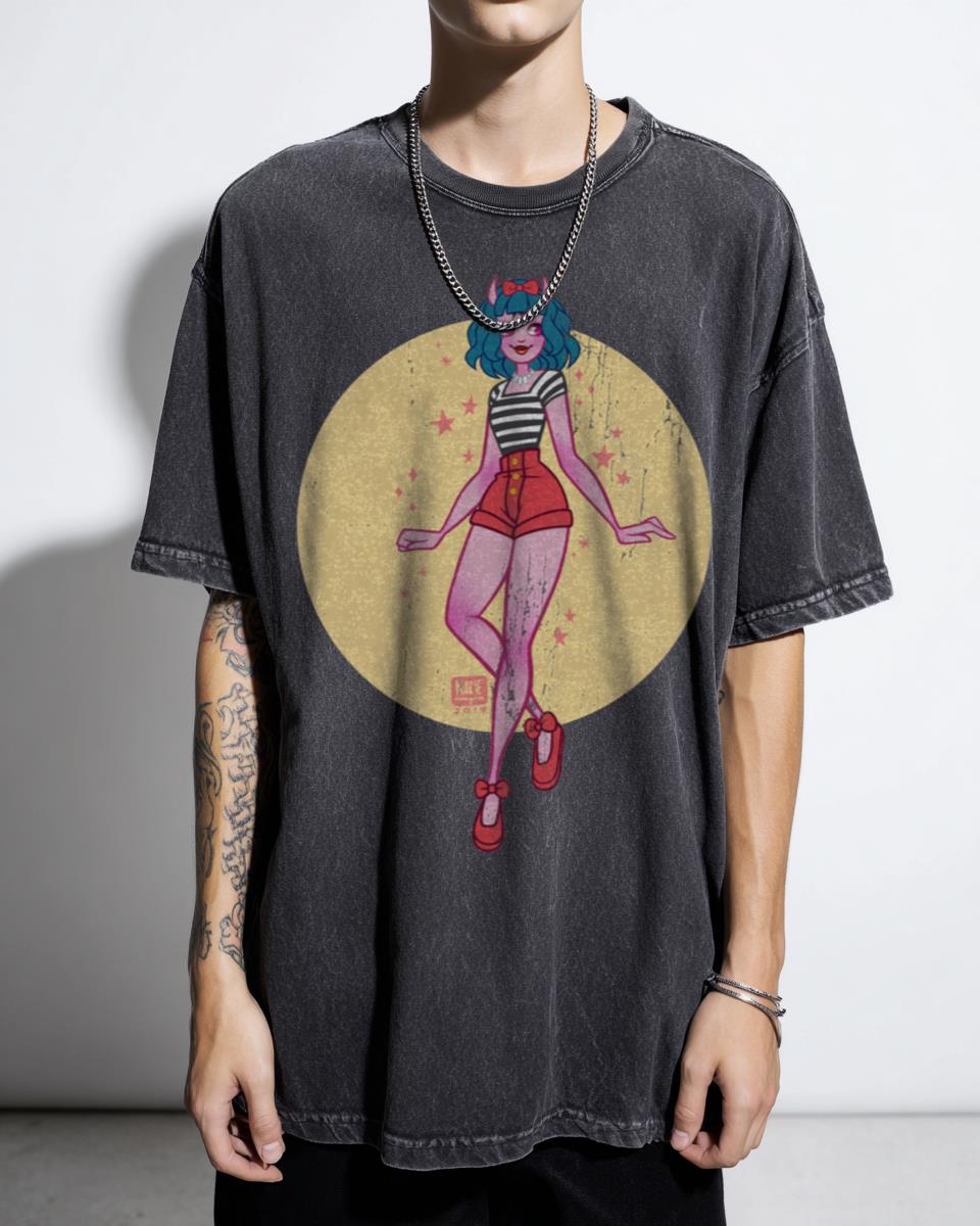 Kawaii Monster Girl Blue Hair T-Shirt - Cute Three-Eyed Horns Fashion