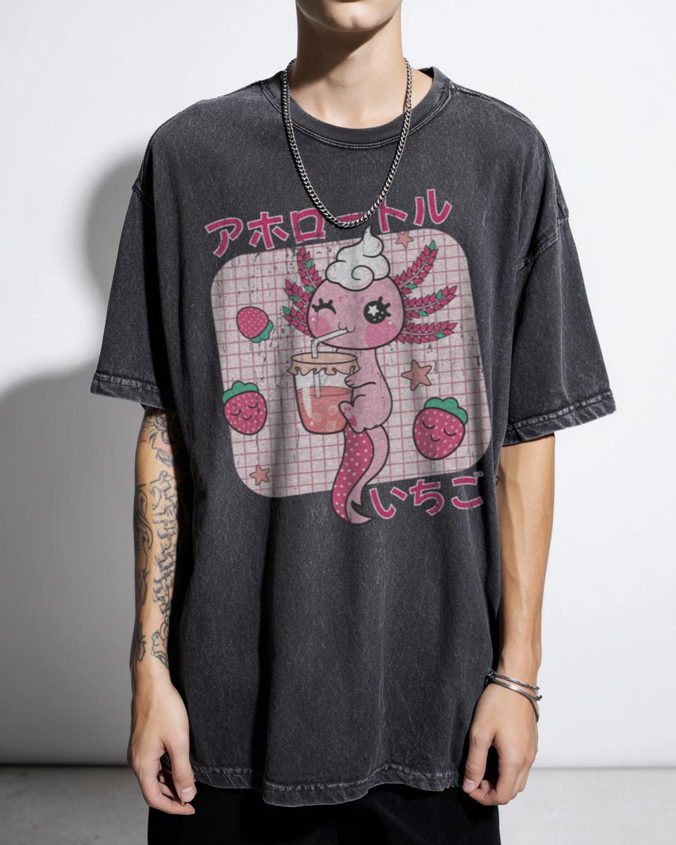 Kawaii Pink Axolotl Strawberry Smoothie T-Shirt - Japanese Manga Cute Animal Unisex