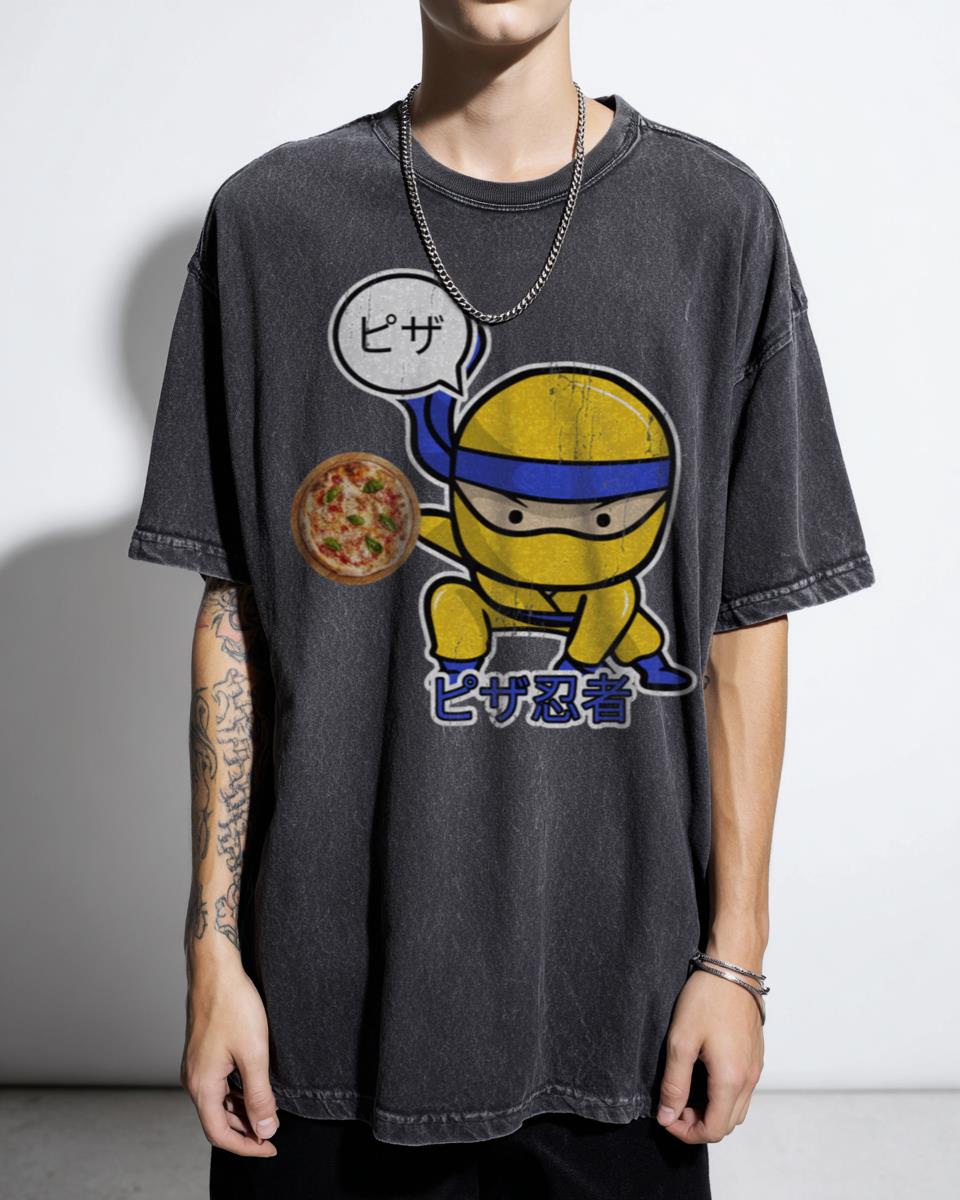 Kawaii Pizza Ninja with Sword Japanese Wordings T-Shirt - Anime Warrior Food Graphic