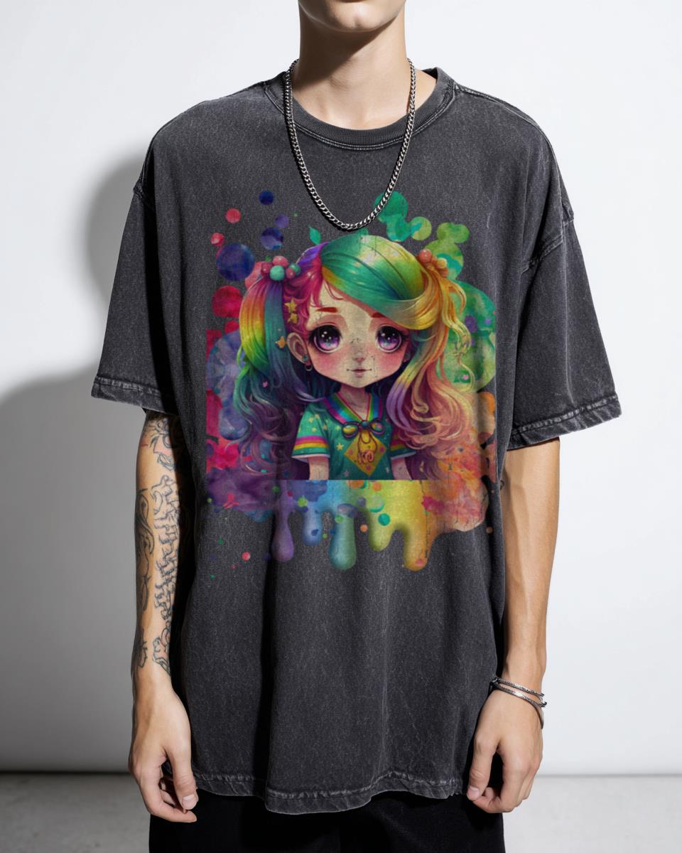 Kawaii Rainbow Girl Manga Sweet Pride Art Black Acidwash T-Shirt - Colorful Children's Design Unisex