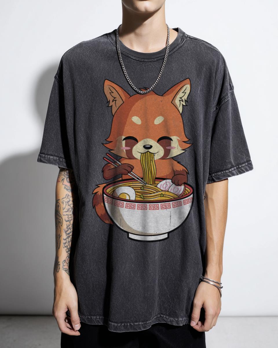 Kawaii Red Panda Eating Japanese Ramen Anime T-Shirt - Cute Noodles Foodie Gift